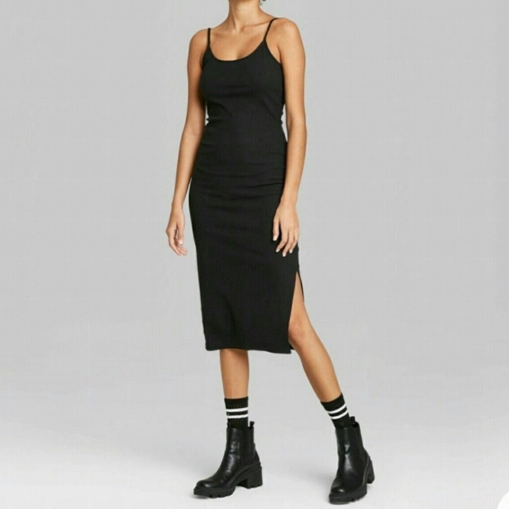 NWT Women's Cute WILD FABLE Black Strappy Rib Knit Midi Dress